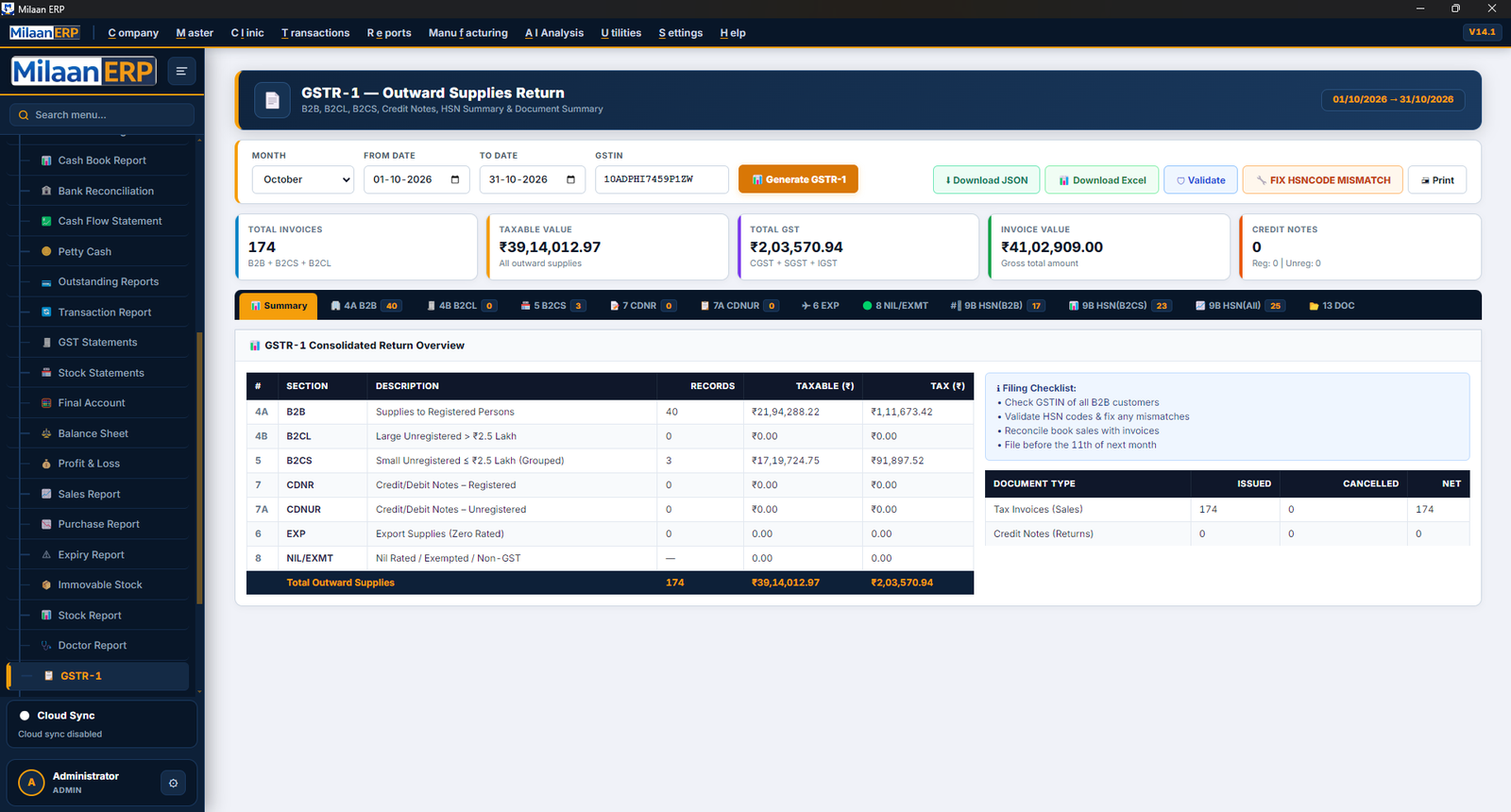 GSTR-1 outward supplies return with B2B, B2CS and HSN summaries