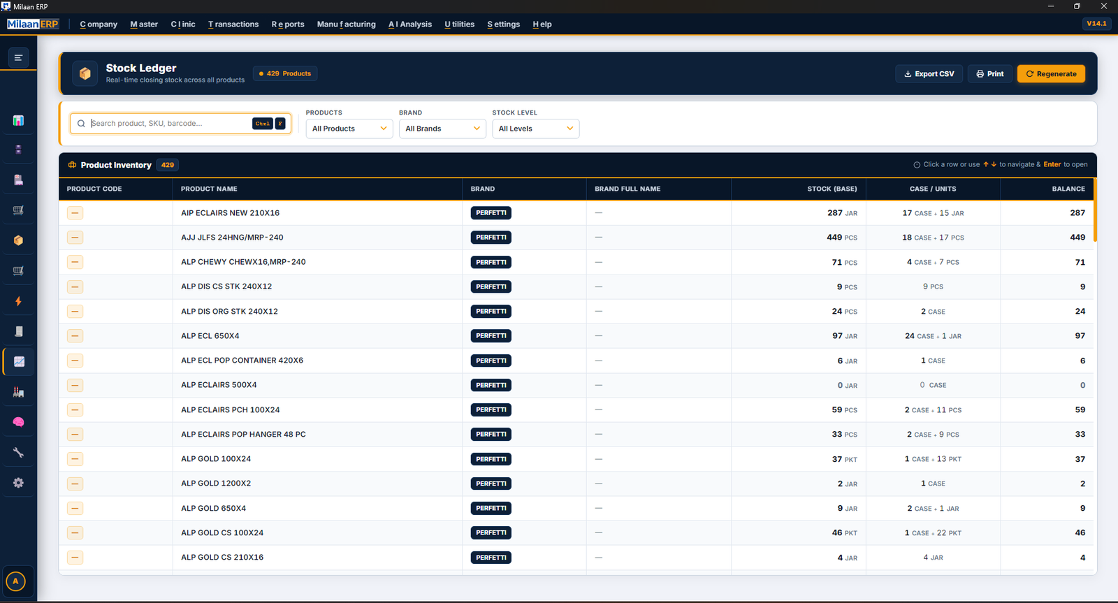 Stock ledger listing closing stock by product in cases and units